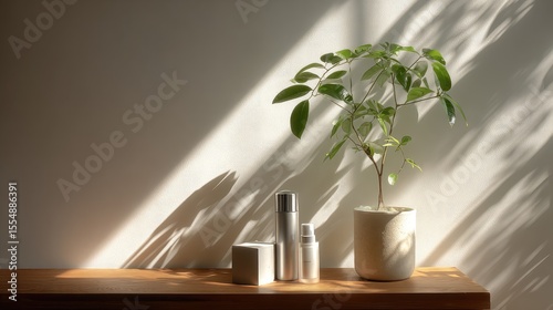 Minimalist Product Display with Sunlight and Plant Generative Ai