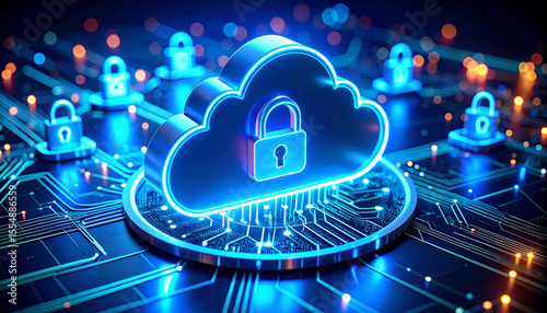Secure Cloud: A luminous cloud with a lock symbol sits at the heart of this data illustration, encircled by additional locks, emphasizing digital security and data protection.