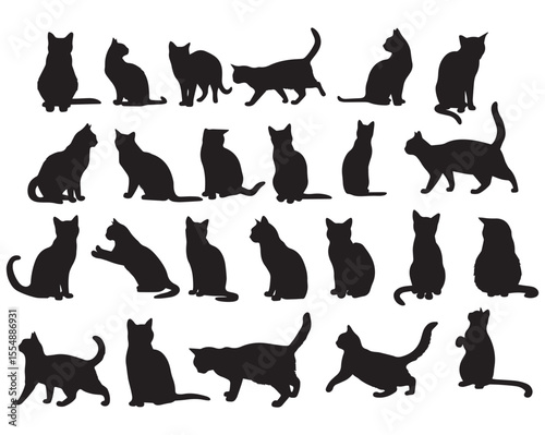 Collection of Black Cat Silhouettes, EPS Vector, fully Editable File.
