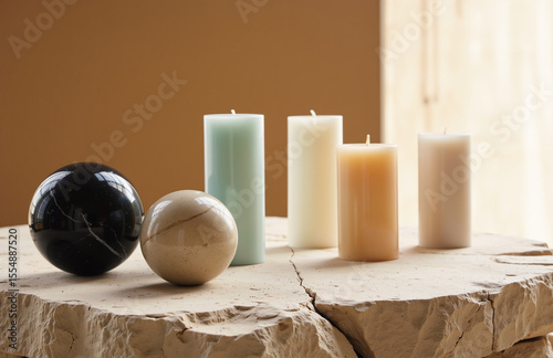 Minimalist stone display with spheres and softly lit candles.
