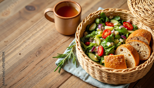 Healthy salad in a woven basket with bread and tea on wooden table  