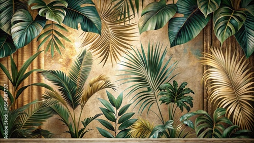 Lush Tropical Foliage Wall Mural with Golden Hues and Wooden Baseboard, Ideal for Interior Design Projects and Home Decor Applications