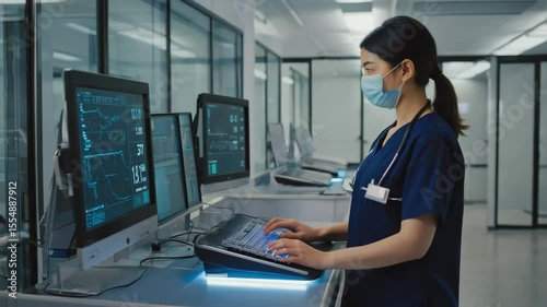 Female Medical Professional Wearing a Face Mask and Scrubs, Actively Monitoring Patient Data on Multiple Computer Screens in a Modern Hospital Control Room