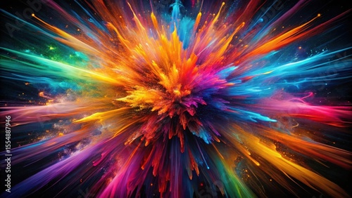 A vibrant explosion of multicolored powder, radiating outwards in a dazzling display of dynamic energy and intense color saturation
