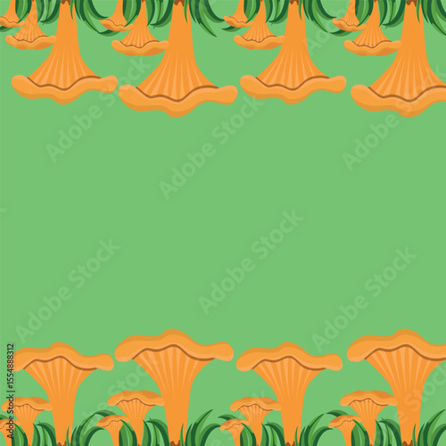 Frame background with mushrooms and chanterelles in the grass at the bottom and top of the frame, vector illustration, mushrooms on a green background. Hand-drawn botanical drawing in vector.