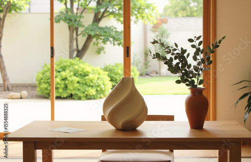 Minimalist ceramic sculpture with eucalyptus on wooden table.