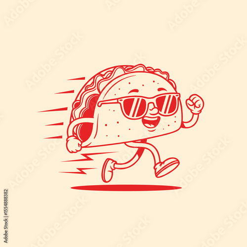 Fast Running Cartoon Taco Character with Sunglasses Red Illustration
