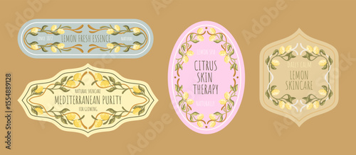 Editable Cosmetic Tags with Mediterranean Design. Art Nouveau Inspired Labels with lemons. Vector.