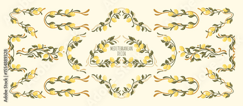 Art Nouveau Mediterranean decorative set with lemons. Vector.