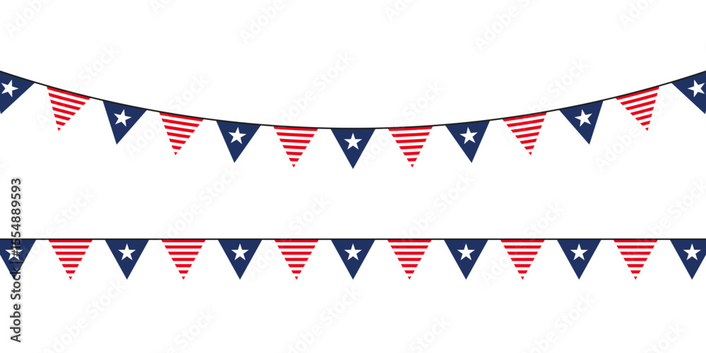 Obraz premium Festive bunting with American flag patterns, perfect for patriotic events, national holidays, or summer celebrations.