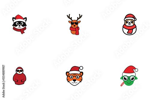 Cool Christmas Animals Cute Holiday Icon Set