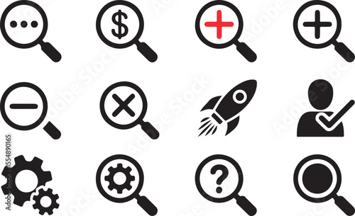 Magnifying Glass Icons With Various Symbols And Actions search zoom in
