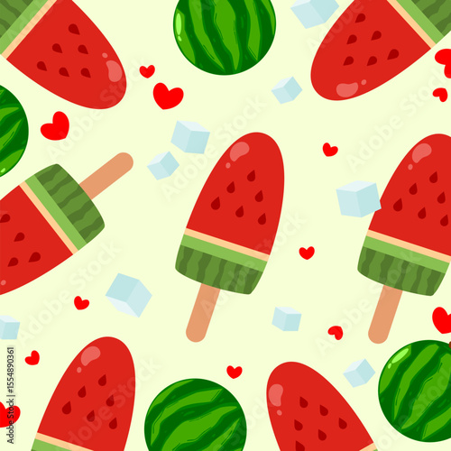 Popsicle watermelon seamless pattern. Ice cream illustration. Summer theme cartoon. Can be used for wallpaper, print, and fashion fabric