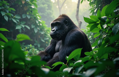 Thoughtful male gorilla in lush rainforest with soft light.