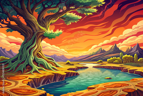 View of Lone Tree on a Calm Misty Island at Sunrise, Pastel Colors Reflecting on Still Water landscape