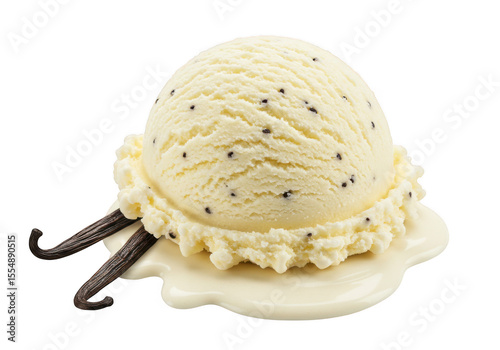 Creamy vanilla bean ice cream scoop with vanilla pods isolated on transparent background