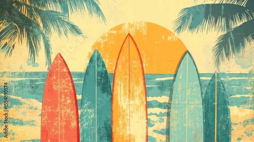 Retro surfboards at sunset, vintage beach scene