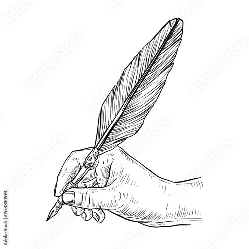 hand holding feather quill pen vector line art hand drawn illustration