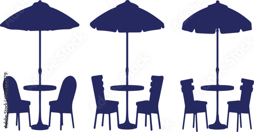 Outdoor cafe seating with umbrellas and chairs tables