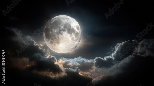Lunar Symphony: The moon, a luminous sphere in the night sky, emanates a serene glow amidst the ethereal beauty of clouds. A tranquil depiction of the cosmos that captivates the senses.