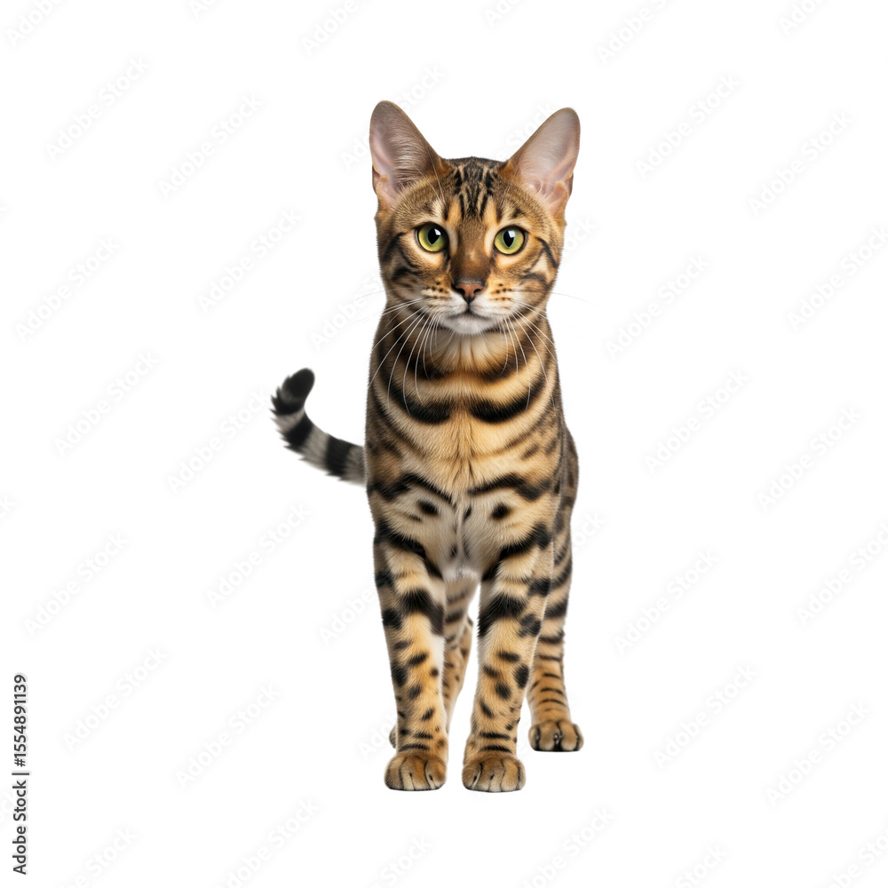 Obraz premium A striking bengal cat with distinctive spotted fur stands proudly on a white background