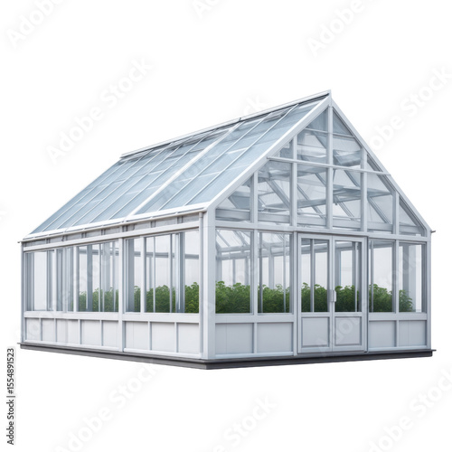 Modern Glass Greenhouse with Lush Vegetation and Bright Sunlight for Sustainable Gardening Enthusiasts Transparent background or png