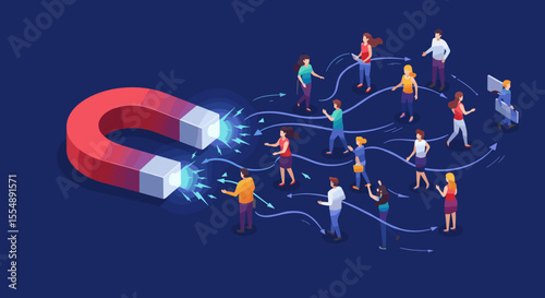 Magnet attracting people concept vector illustration for teamwork and networking, flat isometric style design
