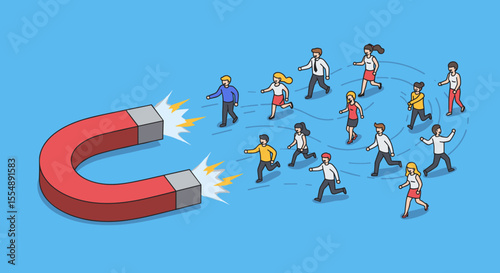 Attraction in business vector illustration: a magnet drawing diverse professionals in flat style for marketing concepts