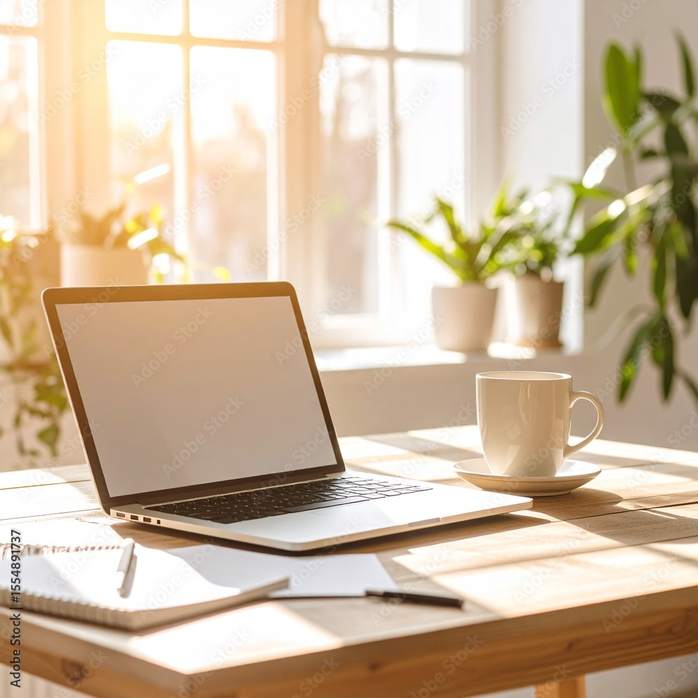 Fototapeta premium A clean modern workspace with a laptop, coffee cup, notepad, and natural sunlight, Scandinavian interior, warm tones, ultra-detailed