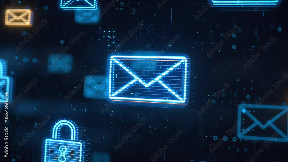 Glowing neon email and padlock icons floating in a digital space, symbolizing cybersecurity and secure communication. Concept of data protection, encrypted messaging and online privacy
