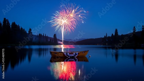 Fireworks Over Lake with Canoe and Forest at Night - 4th of July Celebration