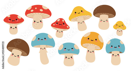Cute mushroom characters set vector illustration in flat style for children's design