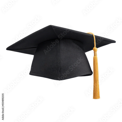 Classic black graduation cap with golden tassel on a white background symbolizing academic achievement and milestone celebration Transparent background or png