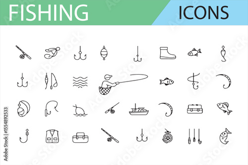 Collection of Fishing Gear and Activities Icons for Outdoor Enthusiasts