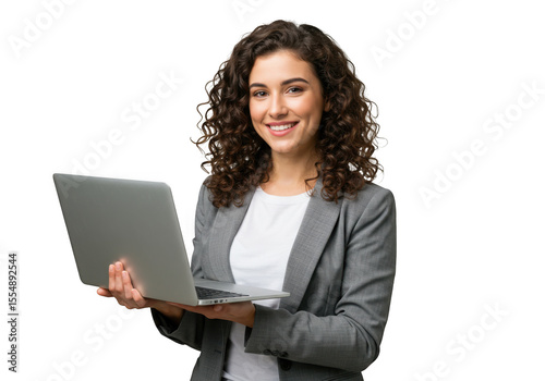 Smiling young woman in grey blazer holding a laptop isolated on transparent background
