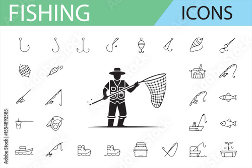 Set of Icons Illustrating Fishing Adventures, Gear, and Aquatic Life