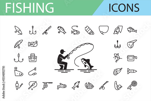 Fishing and Outdoor Adventure Icons Set for Recreation and Sports