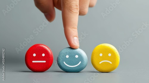 Hand selecting a happy face icon among neutral and sad faces on colored wooden buttons. Concept of customer satisfaction, feedback evaluation and emotional experience
