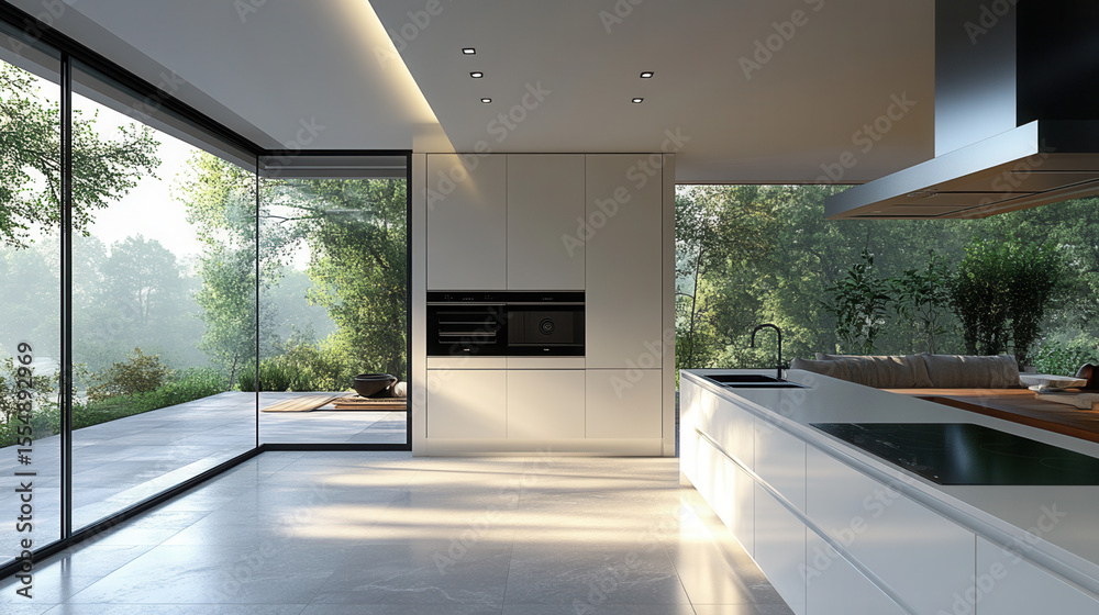 Fototapeta premium White kitchen with glossy black induction cooktop, subtle shadows, designer cooking space