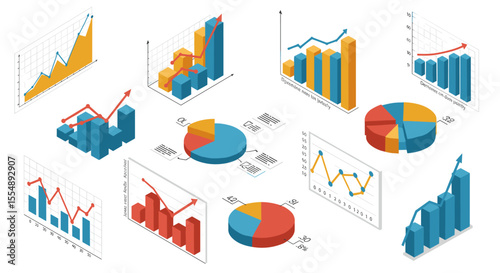 Isometric vector illustration of business data visualizations in 3d bar and pie chart styles for analysis design