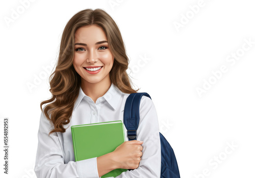 Smiling young woman with book and backpack isolated on transparent background