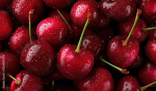 Close-up of fresh cherries with deep red hues and glossy texture on pure black background, water droplets glistening for attractive product presentation or promotional visuals