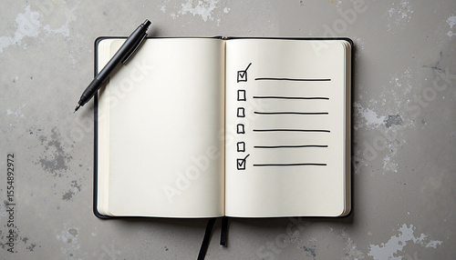 Open notebook with to-do list checkboxes and pen on grey background  