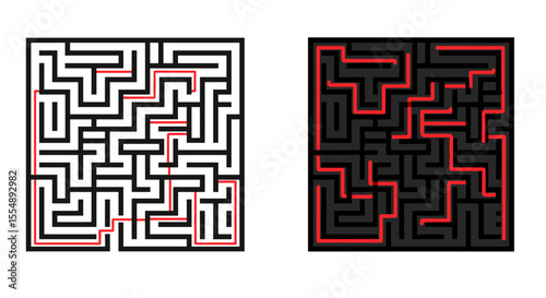 Maze puzzle vector illustration: black and white with red path - perfect for game design and strategy concept
