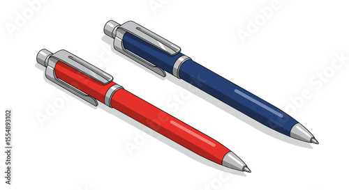 Office supplies vector illustration: red and blue ballpoint pens in isometric style for design projects