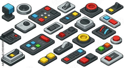 Isometric control buttons vector illustration: futuristic interface design for digital applications
