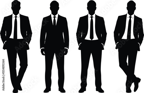 Silhouette of business men in formal suit, standing pose collection, corporate fashion illustration, vector isolated, office dress concept