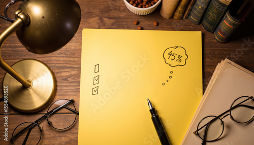 Yellow notepad with written in handwriting and glasses  