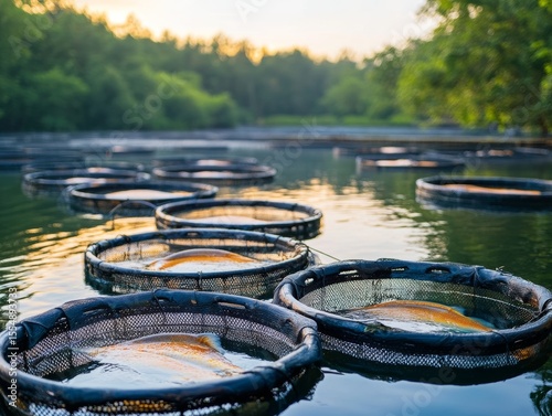 selective focus aquaculture pens for salmon in bay