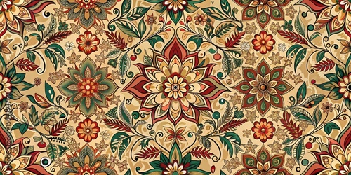 Intricate Floral Design Featuring Ornate Blossoms and Lush Greenery in Vibrant Hues